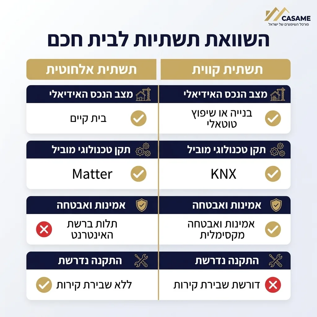 אינפוגרפיקה — השוואת תשתיות לבית חכם: השוואה בין תשתית קווית, תשתית אלחוטית