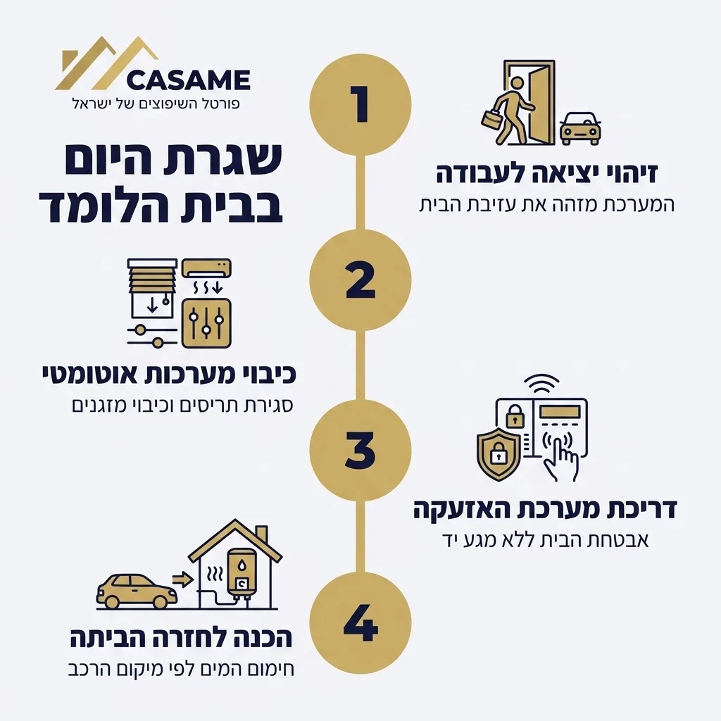 אינפוגרפיקה — שגרת היום בבית הלומד: זיהוי יציאה לעבודה, כיבוי מערכות אוטומטי, דריכת מערכת האזעקה, הכנה לחזרה הביתה