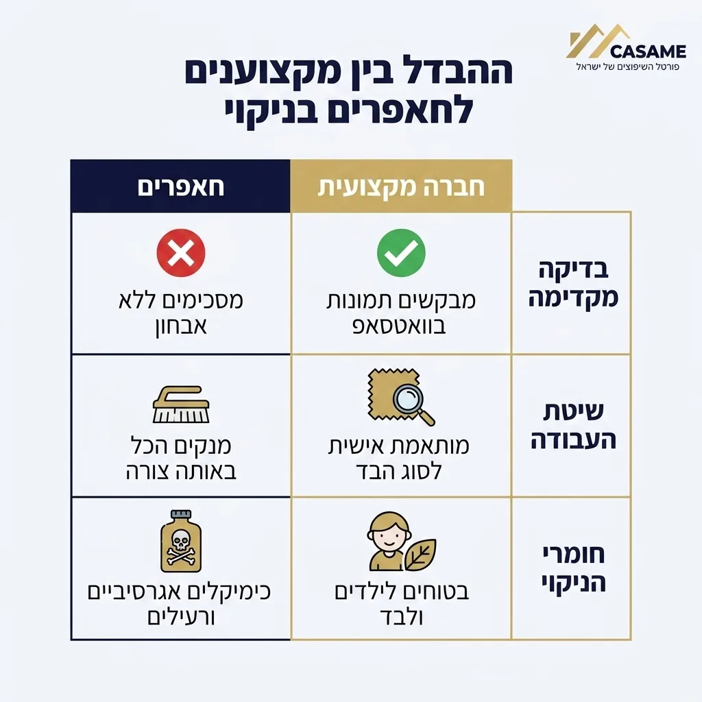 אינפוגרפיקה — ההבדל בין מקצוענים לחאפרים בניקוי: השוואה בין חברה מקצועית, חאפרים
