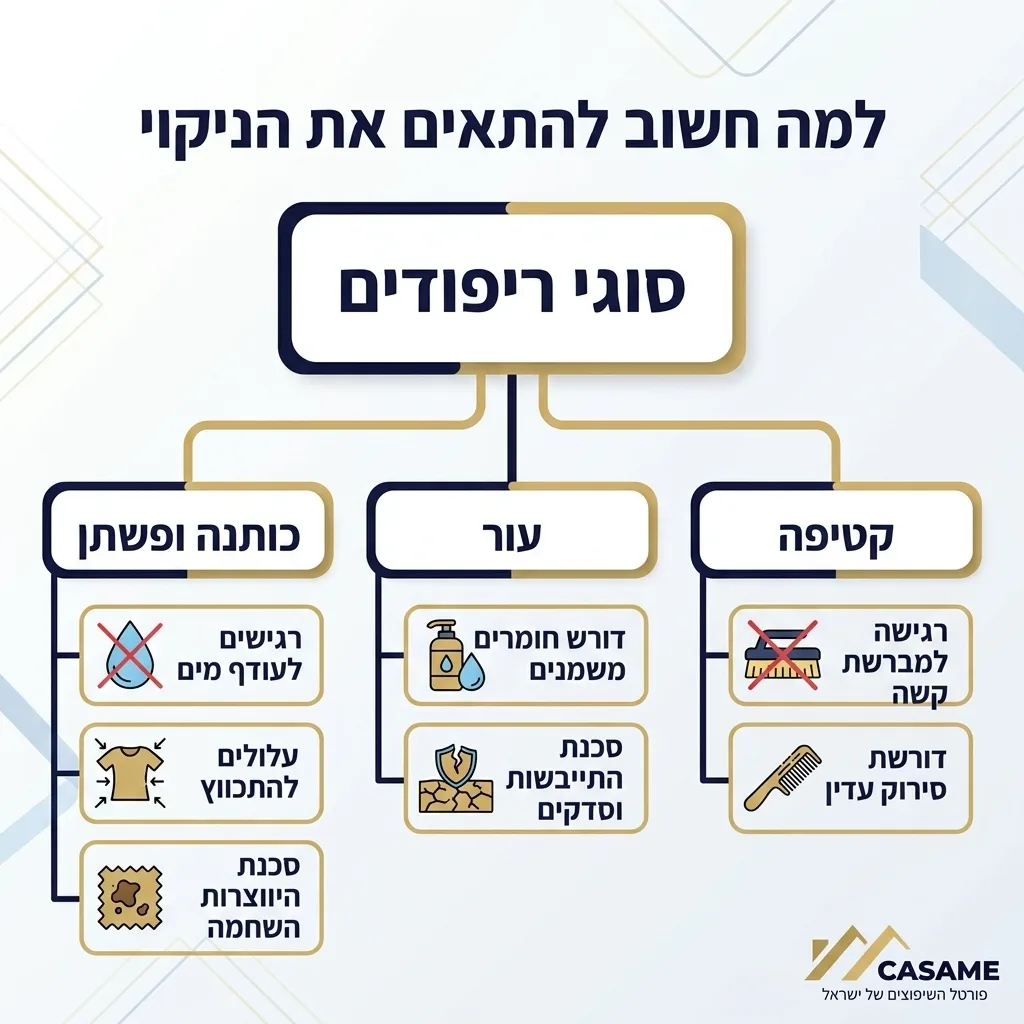 אינפוגרפיקה — למה חשוב להתאים את הניקוי: סוגי ריפודים