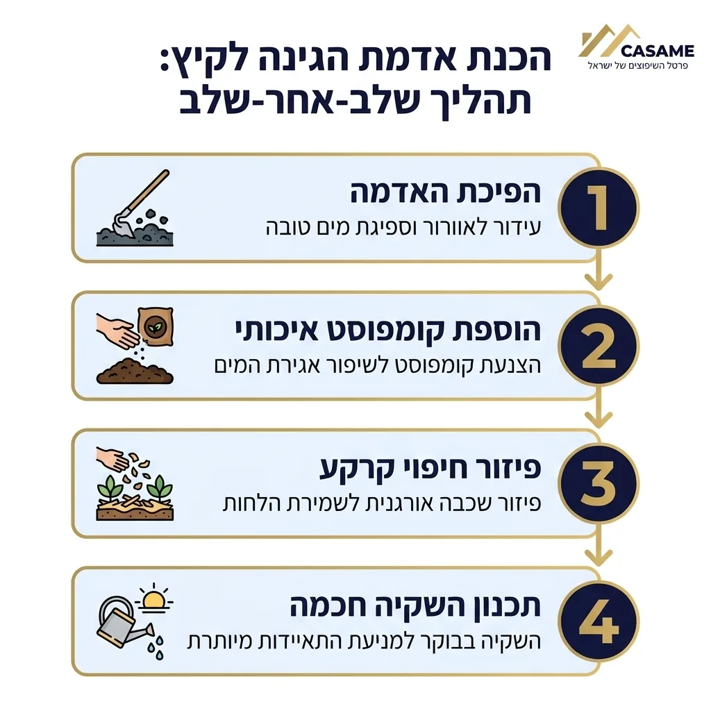 אינפוגרפיקה — הכנת אדמת הגינה לקיץ: הפיכת האדמה, הוספת קומפוסט איכותי, פיזור חיפוי קרקע, תכנון השקיה חכמה