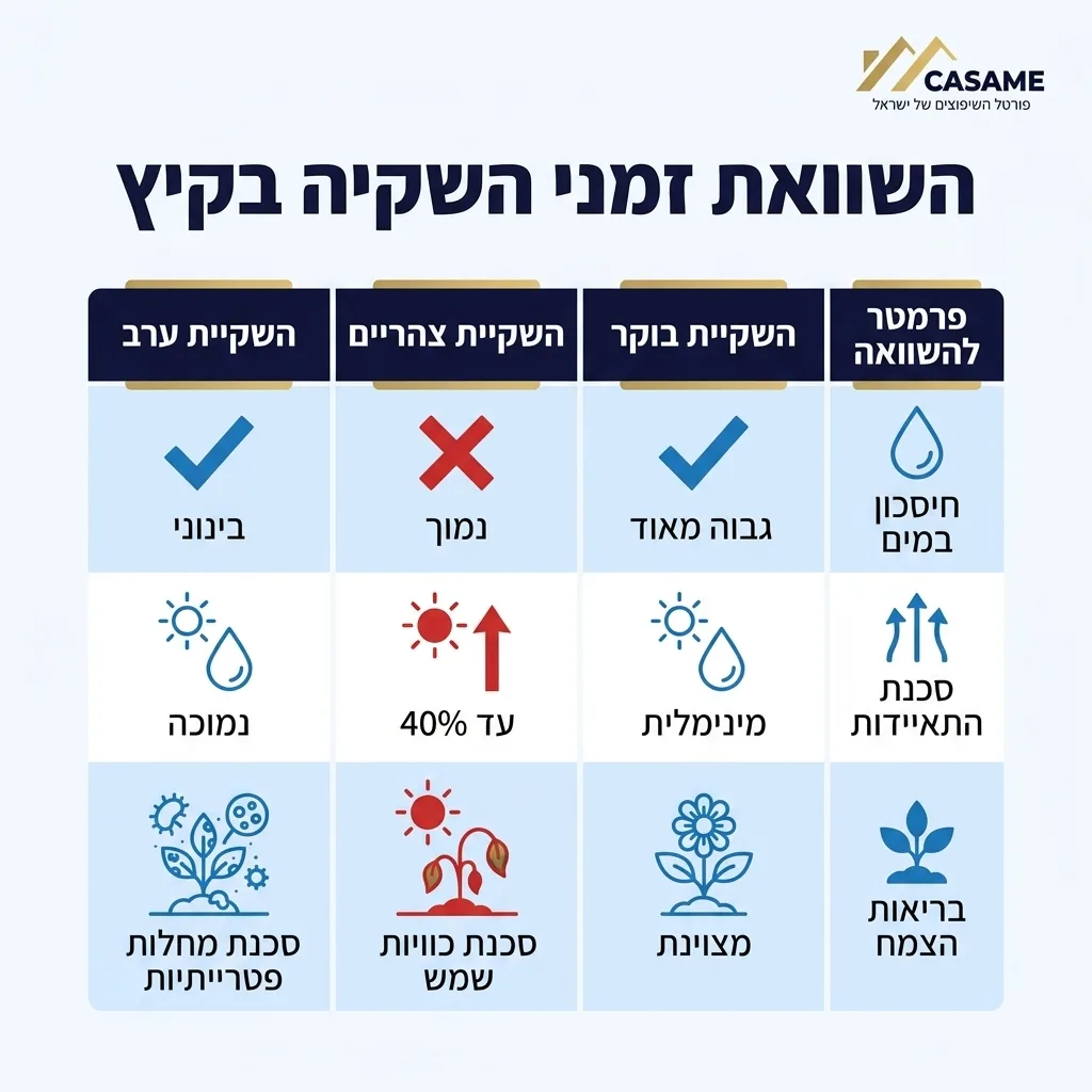 אינפוגרפיקה — השוואת זמני השקיה בקיץ: השוואה בין השקיית בוקר, השקיית צהריים, השקיית ערב