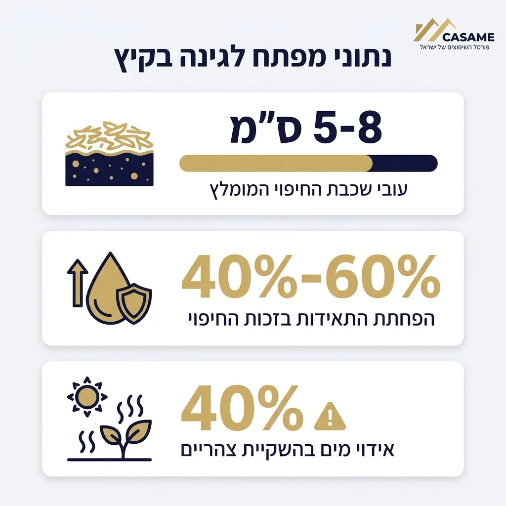 אינפוגרפיקה — נתוני מפתח לגינה בקיץ: עובי שכבת החיפוי המומלץ, הפחתת התאיידות בזכות החיפוי, אידוי מים בהשקיית צהריים