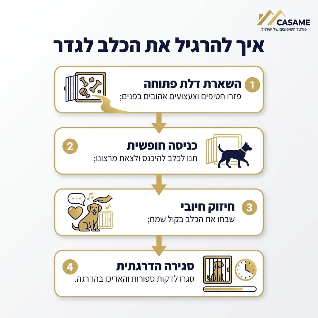 אינפוגרפיקה — איך להרגיל את הכלב לגדר: השארת דלת פתוחה, כניסה חופשית, חיזוק חיובי, סגירה הדרגתית