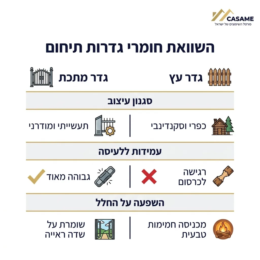 אינפוגרפיקה — השוואת חומרי גדרות תיחום: השוואה בין גדר מתכת, גדר עץ