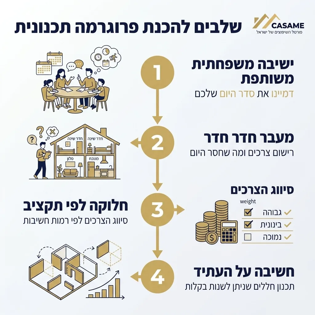 אינפוגרפיקה — שלבים להכנת פרוגרמה תכנונית: ישיבה משפחתית משותפת, מעבר חדר חדר, חלוקה לפי תקציב, חשיבה על העתיד