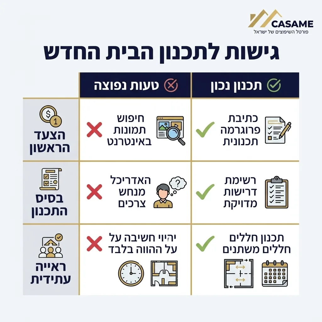 אינפוגרפיקה — גישות לתכנון הבית החדש: השוואה בין טעות נפוצה, תכנון נכון