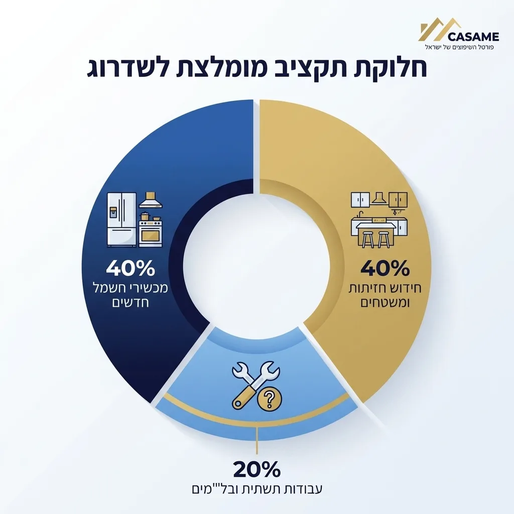 אינפוגרפיקה — חלוקת תקציב מומלצת לשדרוג: מכשירי חשמל חדשים, חידוש חזיתות ומשטחים, עבודות תשתית ובלת"מים