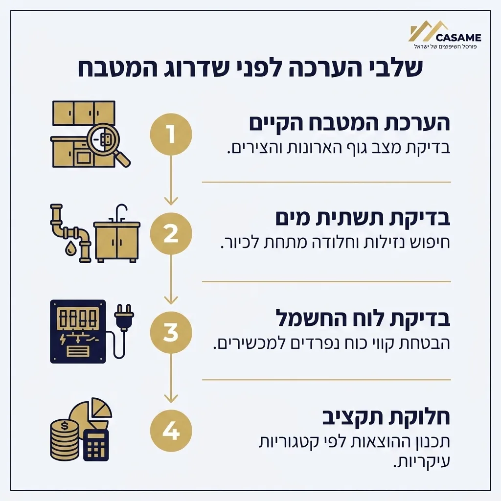אינפוגרפיקה — שלבי הערכה לפני שדרוג המטבח: הערכת המטבח הקיים, בדיקת תשתית מים, בדיקת לוח החשמל, חלוקת תקציב