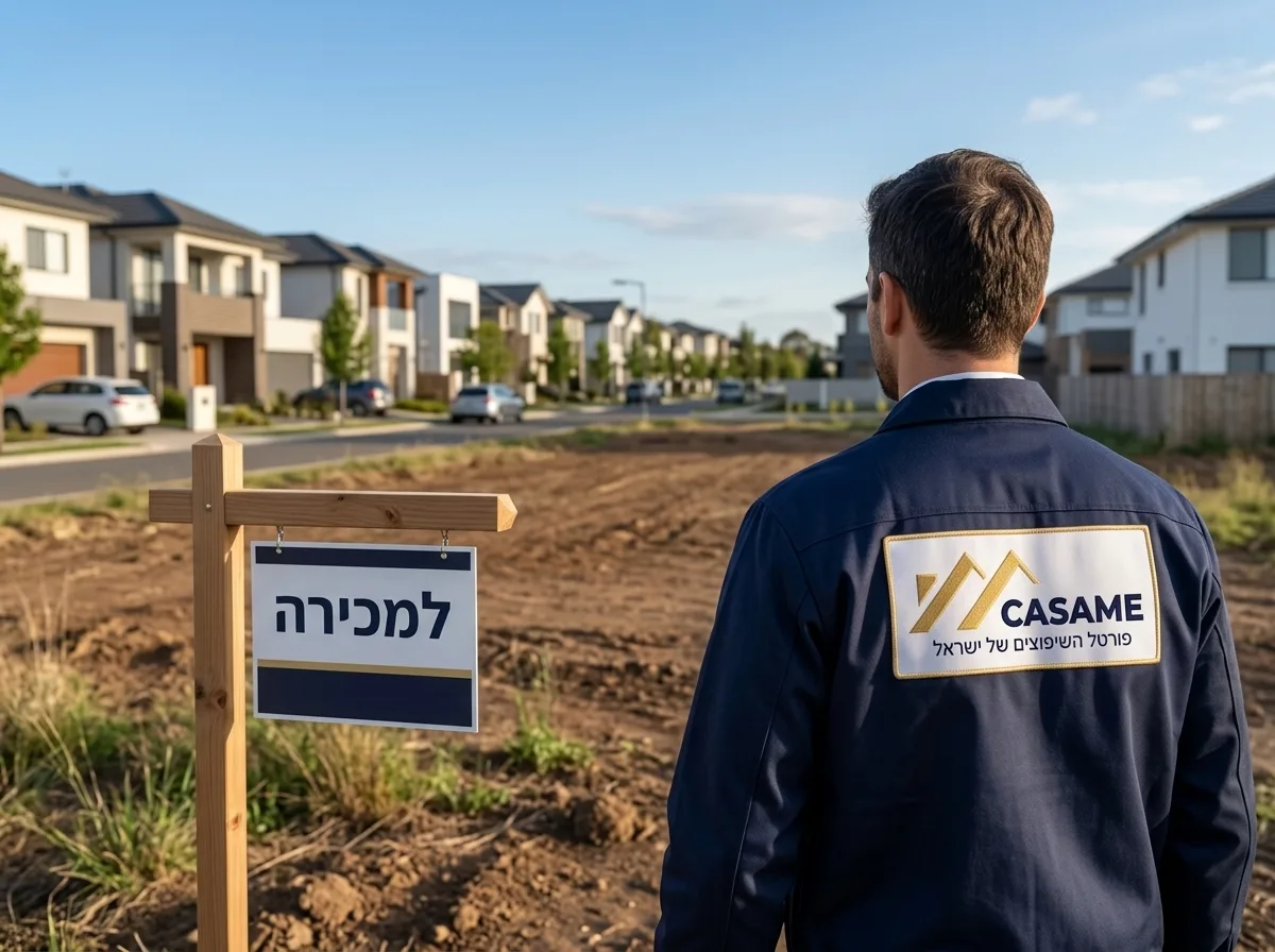 צילום ריאליסטי של מגרש אדמה פנוי עם שלט למכירה על רקע שכונת מגורים מודרנית, שמיים כחולים, צילום בגובה העיניים