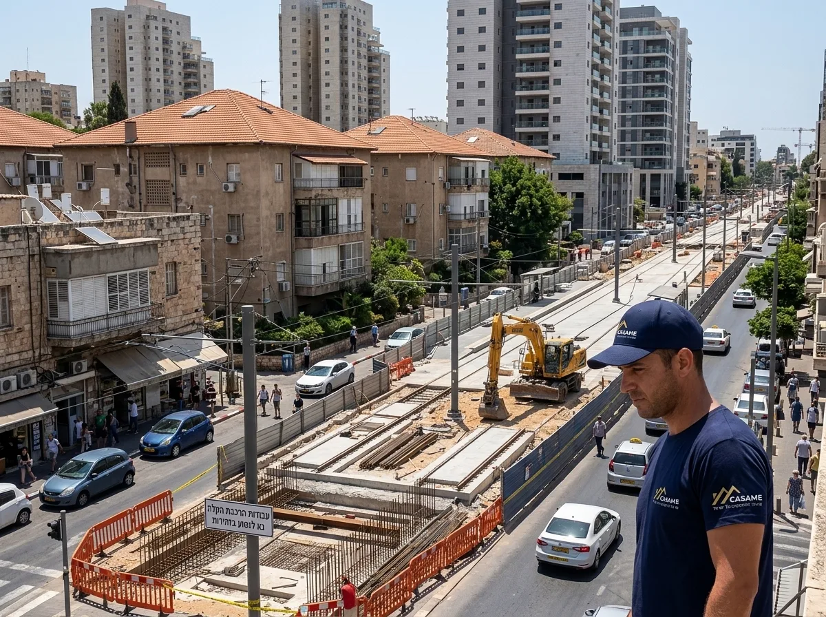 צילום ריאליסטי של רחוב בעיר ישראלית ליד תחנת רכבת קלה בבנייה, בניינים ישנים לצד חדשים, יום שמש