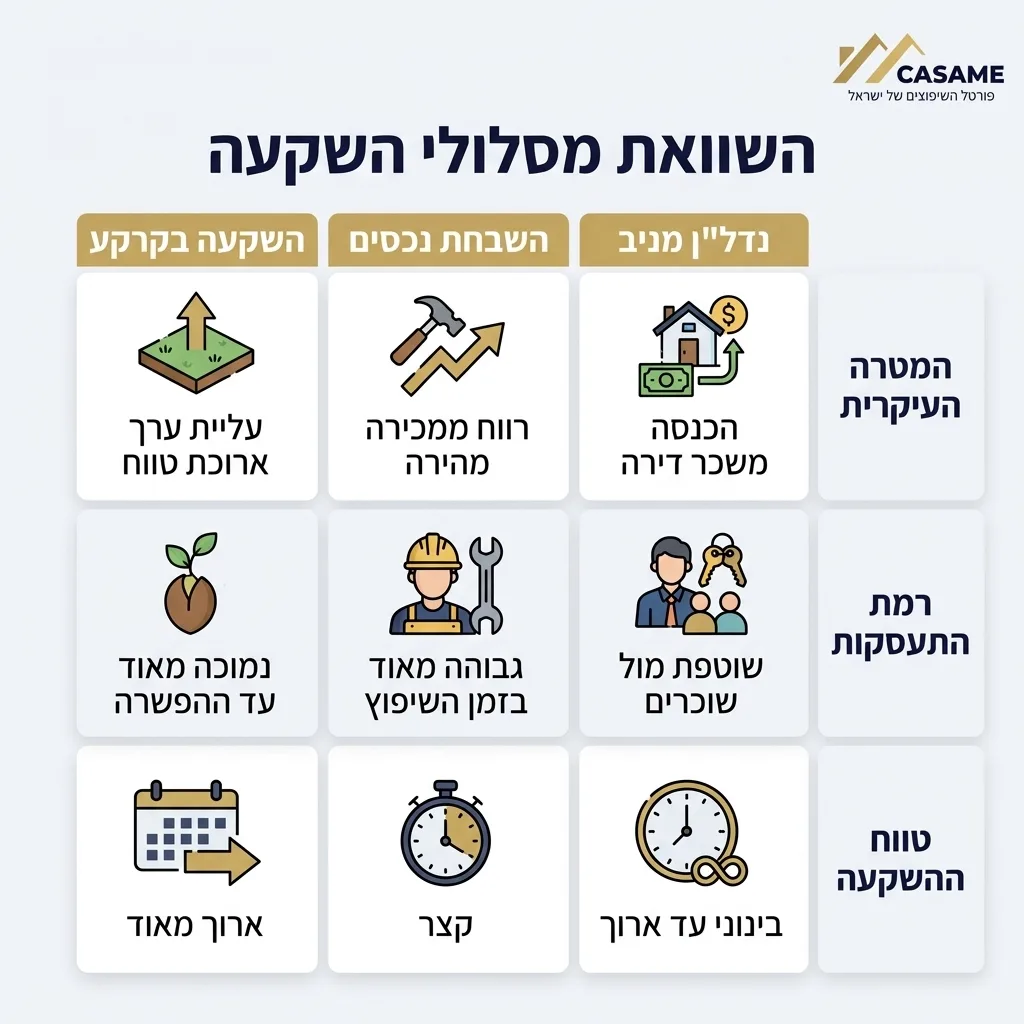 אינפוגרפיקה — השוואת מסלולי השקעה: השוואה בין נדלן מניב, השבחת נכסים, השקעה בקרקע