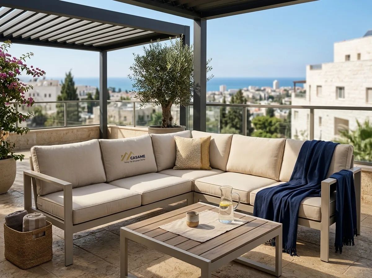 צילום ריאליסטי של מערכת ישיבה יוקרתית מאלומיניום במרפסת שמש ישראלית, כריות בהירות, תאורה טבעית חזקה