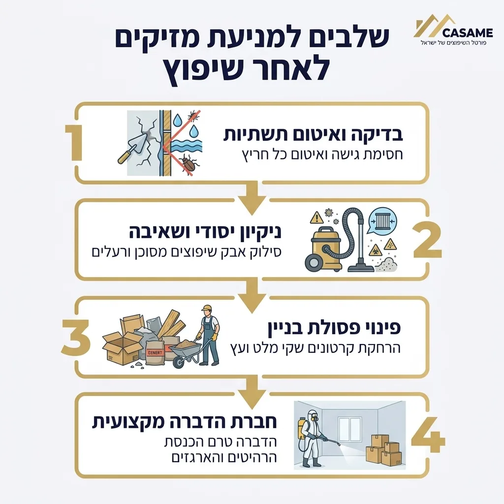 אינפוגרפיקה — שלבים למניעת מזיקים לאחר שיפוץ: בדיקה ואיטום תשתיות, ניקיון יסודי ושאיבה, פינוי פסולת בניין, חברת הדברה מקצועית