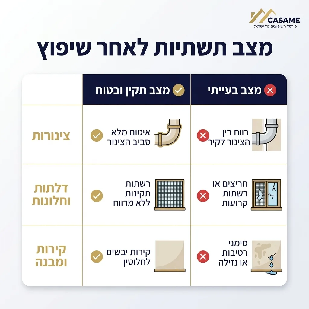 אינפוגרפיקה — מצב תשתיות לאחר שיפוץ: השוואה בין מצב תקין ובטוח, מצב בעייתי