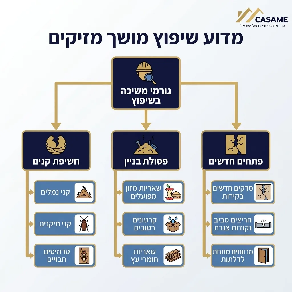אינפוגרפיקה — מדוע שיפוץ מושך מזיקים: גורמי משיכה בשיפוץ