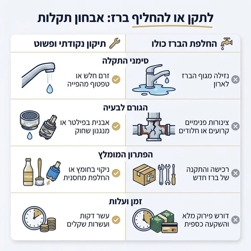 אינפוגרפיקה — לתקן או להחליף ברז: אבחון תקלות: השוואה בין תיקון נקודתי ופשוט, החלפת הברז כולו