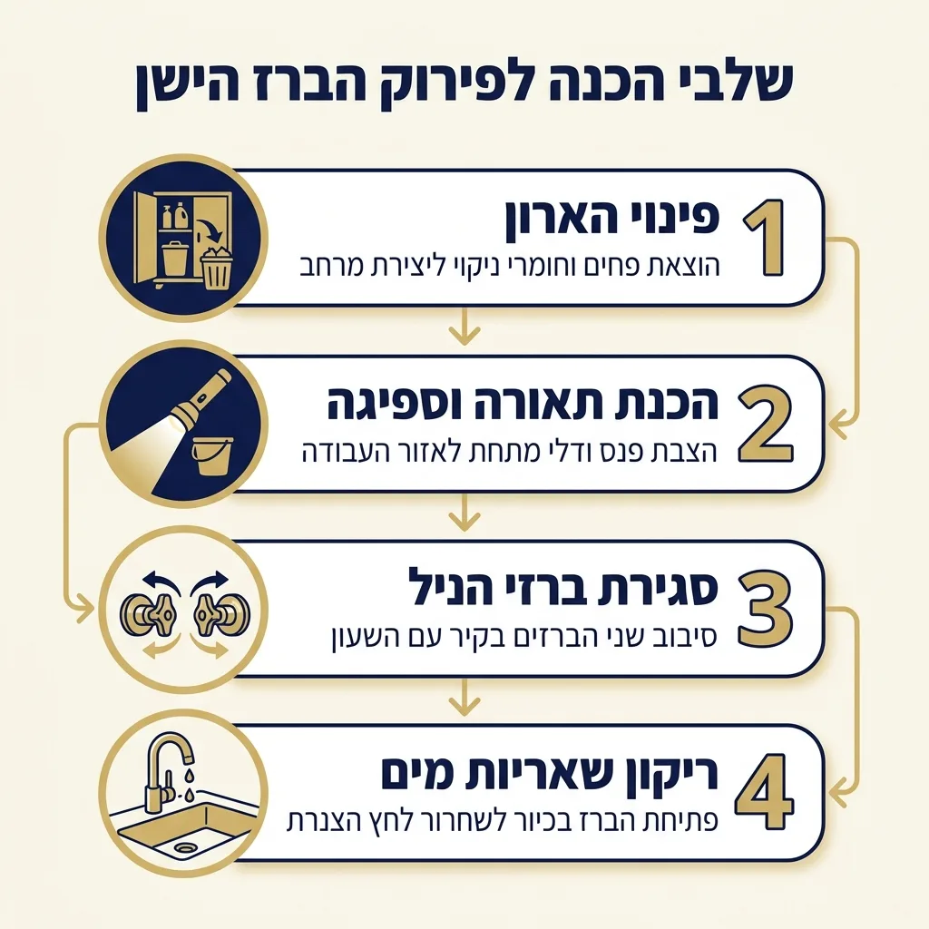 אינפוגרפיקה — שלבי הכנה לפירוק הברז הישן: פינוי הארון, הכנת תאורה וספיגה, סגירת ברזי הניל, ריקון שאריות מים