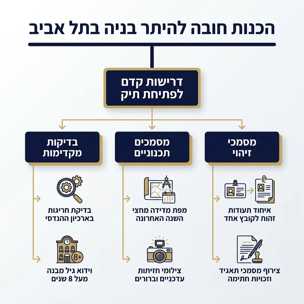 אינפוגרפיקה — הכנות חובה להיתר בניה בתל אביב: דרישות קדם לפתיחת תיק