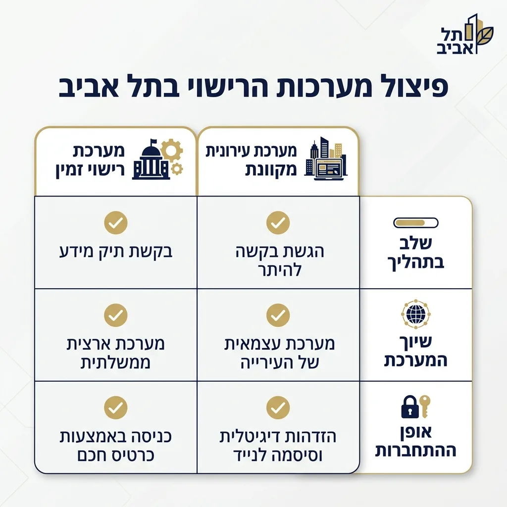 אינפוגרפיקה — פיצול מערכות הרישוי בתל אביב: השוואה בין מערכת רישוי זמין, מערכת עירונית מקוונת