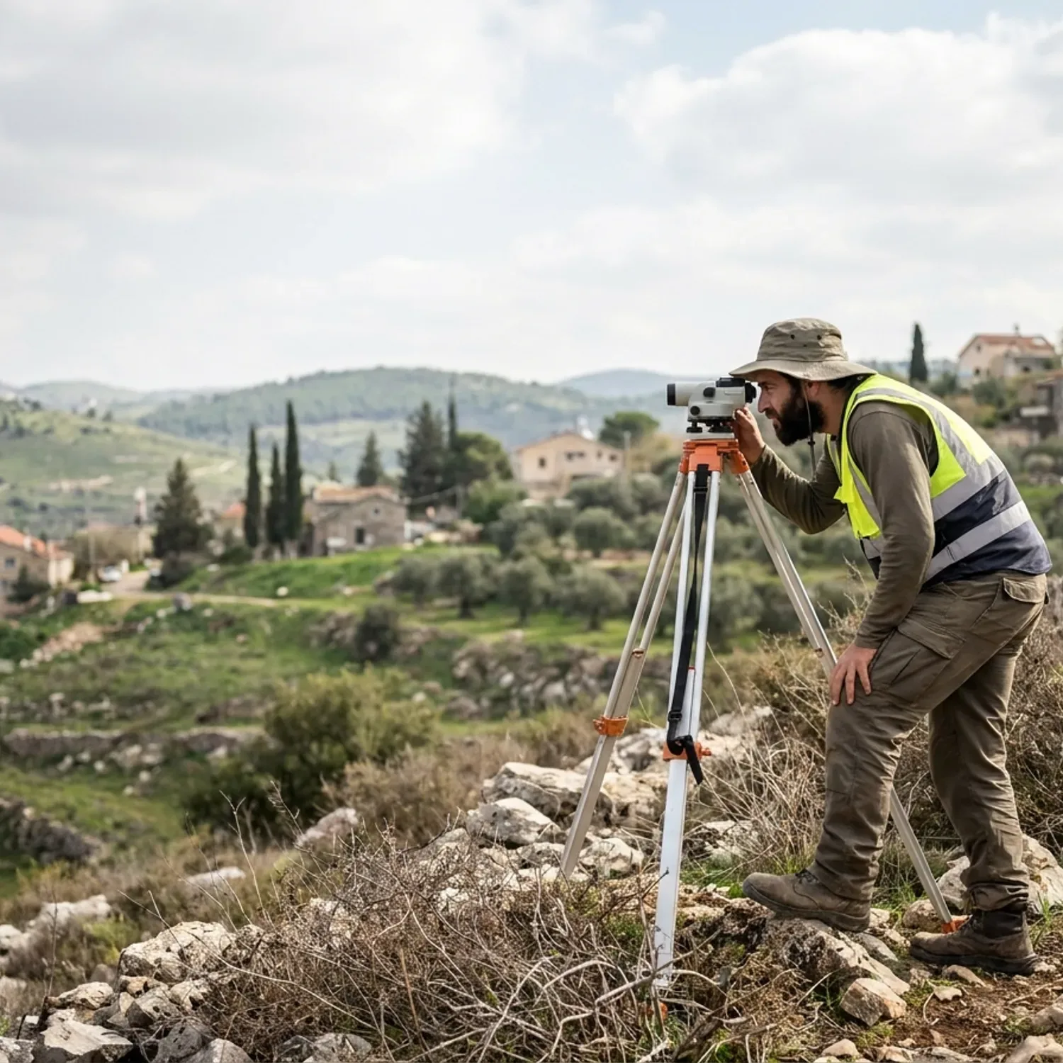 צילום מציאותי של מודד קרקעות ישראלי בלבוש עבודה יומיומי עומד על מגרש משופע וסלעי בגליל, מביט דרך מכשיר מדידה על חצובה, ברקע גבעות ירוקות ובתים כפריים באור יום טבעי